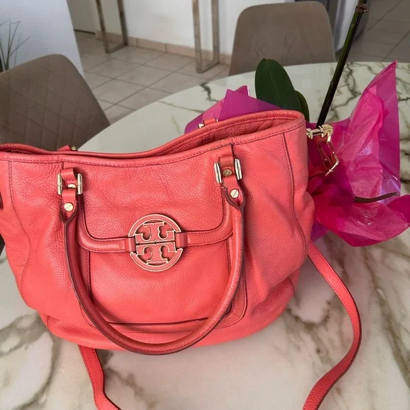 Tory Burch Amanda Double Zip Vibrant Coral ALL LEATHER Satchel - Picture 3 of 10